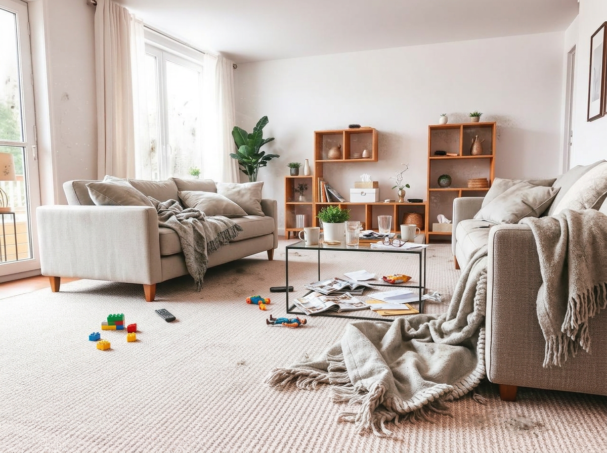 Living room reset — before cleaning